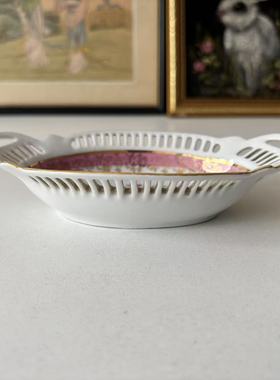 PM 德国中古摆件碟 镂空描金双耳椭圆花卉瓷盘 Vintage 收藏坐盘