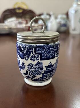 Royal Worcester 伍斯特 1924年青花山水楼阁百年古董鸡蛋杯 瓷罐