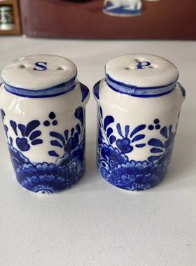 Delft 代尔夫特 荷兰风车磨坊青花花卉手绘盐胡椒罐 中古收藏瓷罐