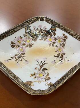 日本 九谷烧 古董手绘菱形摆件小碟 中古收藏首饰盘 东洋老瓷器