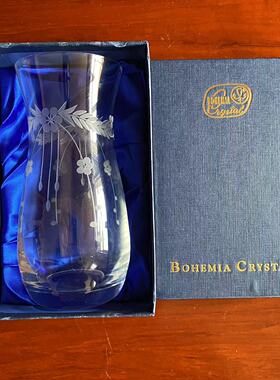捷克 Vintage 原盒收藏水晶花瓶 欧洲手工蚀刻切子水晶瓶摆件花器
