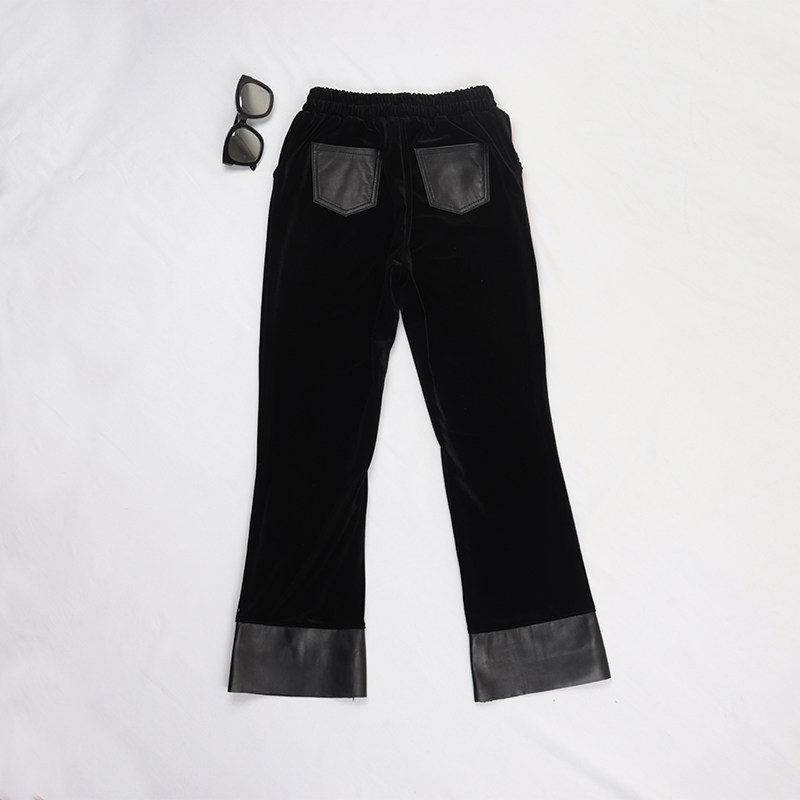 欧洲站丝绒拼接真皮微喇叭裤女皮裤松紧腰高腰修身显瘦韩版九分裤,淘宝优惠券,粉丝福利购,淘宝优惠卷