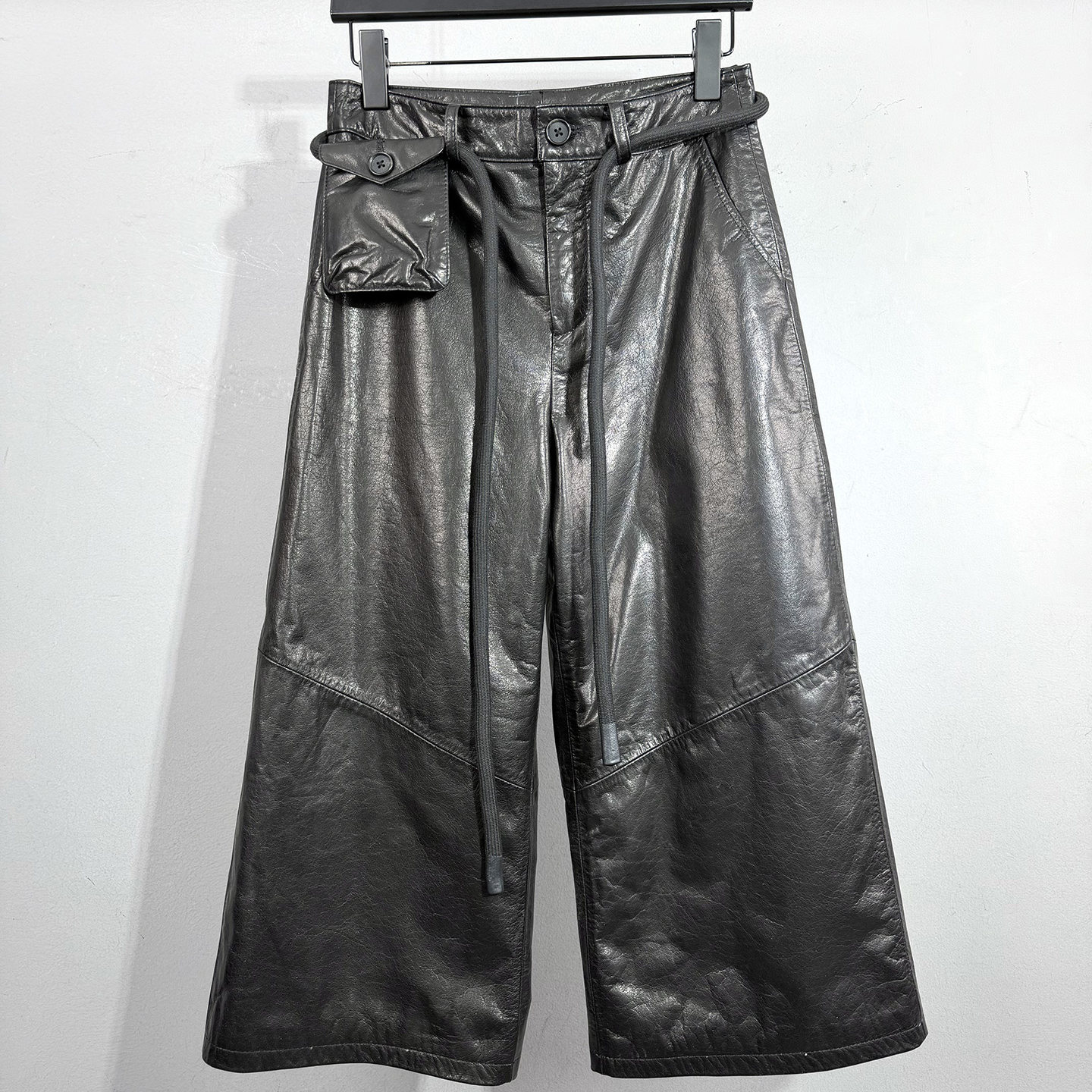 复古新款真皮牛皮油蜡皮裤女百搭抽绳系带收腰宽松阔腿直筒七分裤,淘宝优惠券,粉丝福利购,淘宝优惠卷