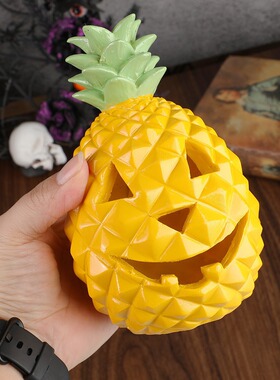 菠萝骷髅头树脂摆件万圣节假日装饰树脂黄色杰克灯桌面家居装饰品