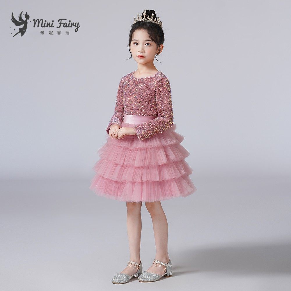 女童生日礼服秋冬长袖公主裙钢琴演出蓬蓬纱裙儿童粉色亮片蛋糕裙,淘宝优惠券,粉丝福利购,淘宝优惠卷