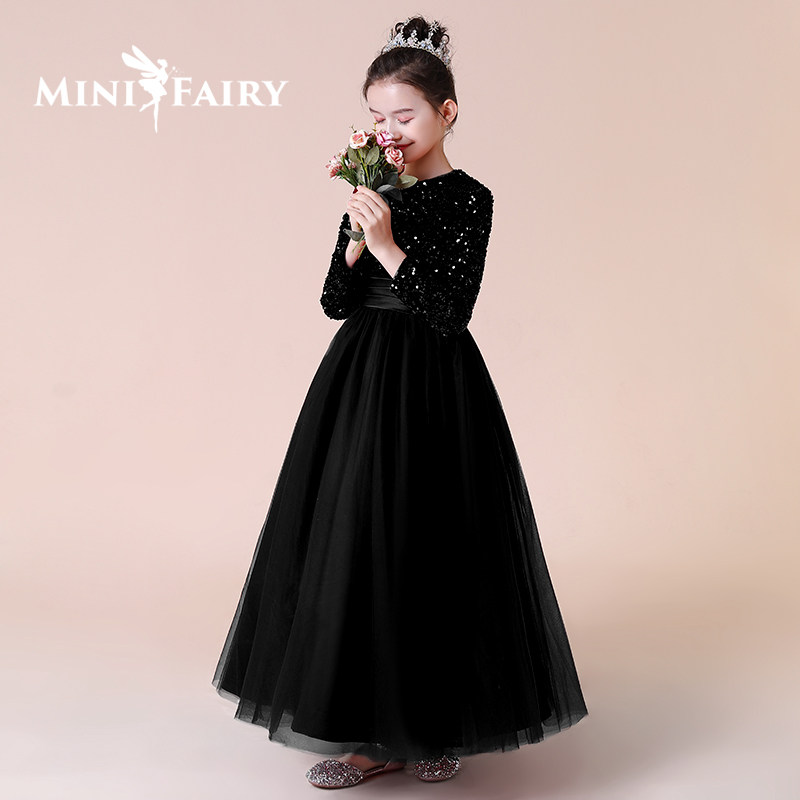 女童黑色长袖晚礼服儿童走秀洋气礼服秋冬新款中大童小提琴表演服,淘宝优惠券,粉丝福利购,淘宝优惠卷