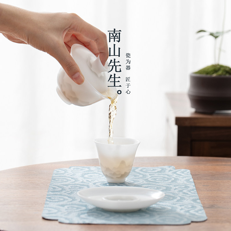 南山先生冰种玉瓷三才盖碗单个茶杯 南山先生盖碗