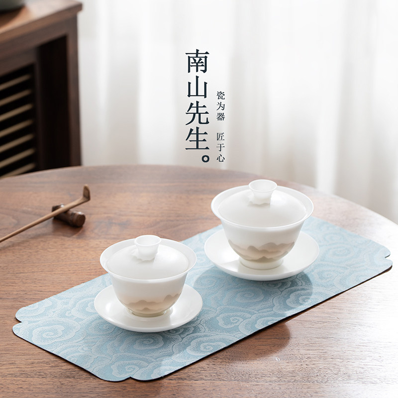 南山先生冰种玉瓷三才盖碗单个茶杯 南山先生盖碗