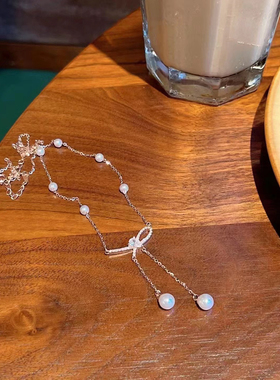 小米珍珠项链高级感轻奢小众赫本风蝴蝶结项链女生925纯银饰气质