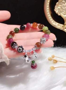 招财缀饰女碧玺纯银原创手链闺蜜