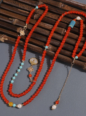 新中式红色串珠斜挎链复古国风项链旗袍汉服马面裙百搭时尚配饰品