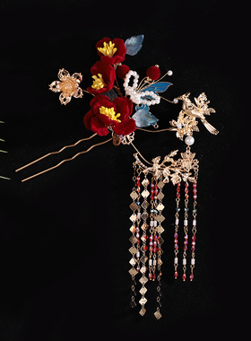 中式古风红色新娘头饰绒花边夹汉服发夹珍珠流苏简约百搭喜庆花朵