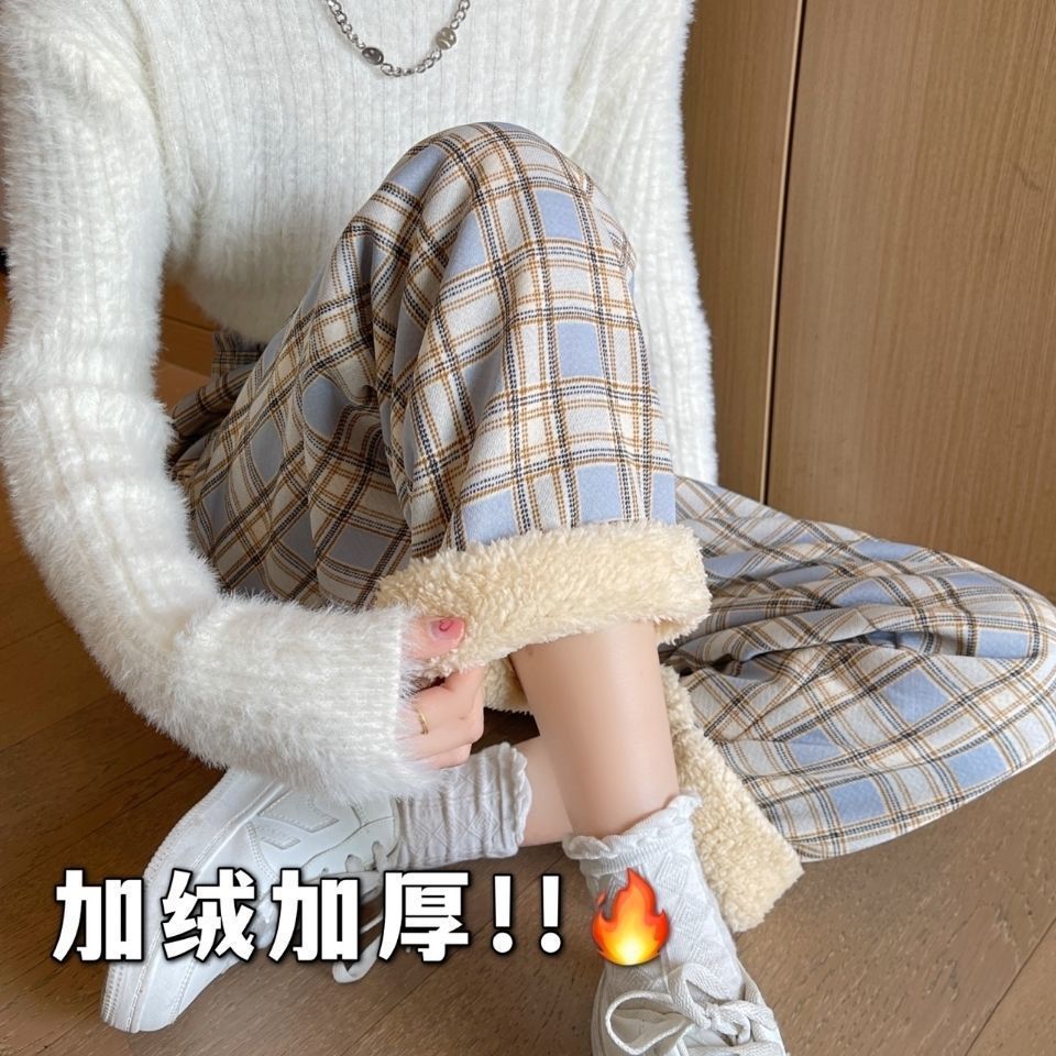 卡芮芊加绒ins少女慵懒风羊羔绒格子裤冬保暖学院居家显瘦阔腿裤_淘宝内购会_女装/女士精品-第3张图片-提都小院