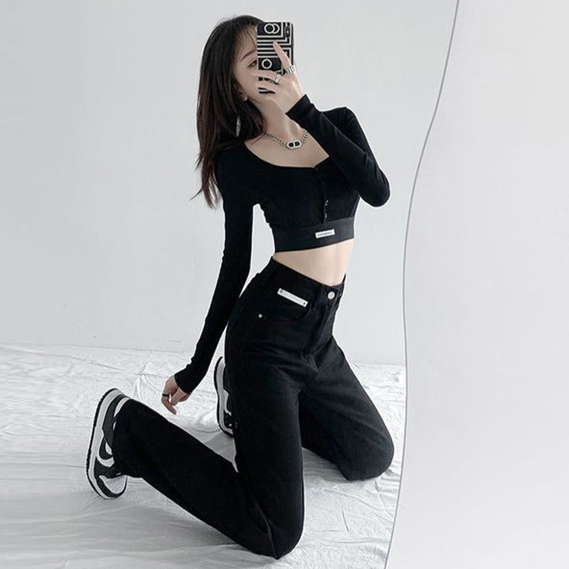艾格红标设计感撞色刺绣直筒牛仔裤女遮肉梨形高腰阔腿拖地长裤子_淘宝内购会_女装/女士精品
