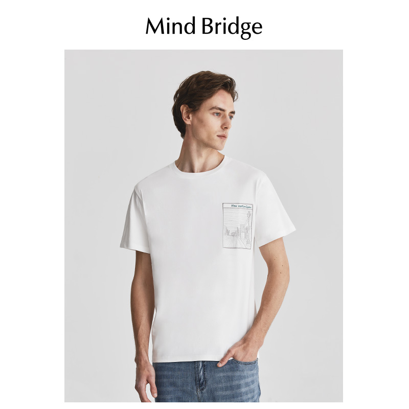 Mind Bridge百家好2024夏季新品男士t恤休闲上衣圆领印花短袖潮流 - 图1