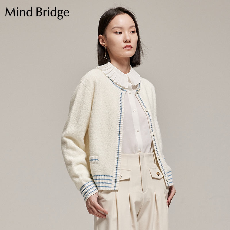 MindBridge 针织开衫新款撞色低圆领打底衫冬季女士短款毛衣