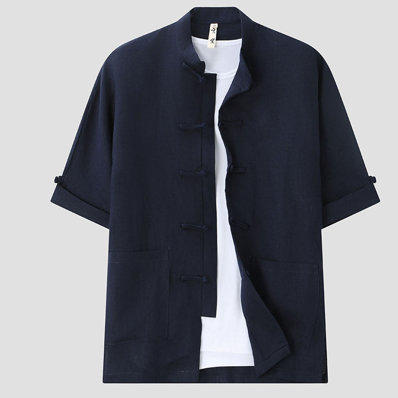 中国风100%亚麻短袖衬衫套装男夏季宽松薄款上衣立领复古休闲半袖,淘宝优惠券,粉丝福利购,淘宝优惠卷