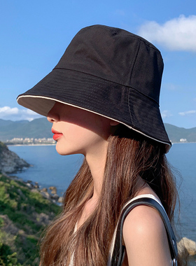 夏季防晒双面戴帽子渔夫帽女黑色