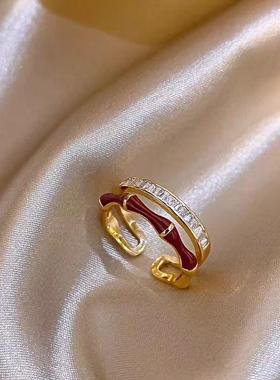 双层锆石红色竹节开口戒指女可调节偏财尾戒复古夸张中古指环秋冬