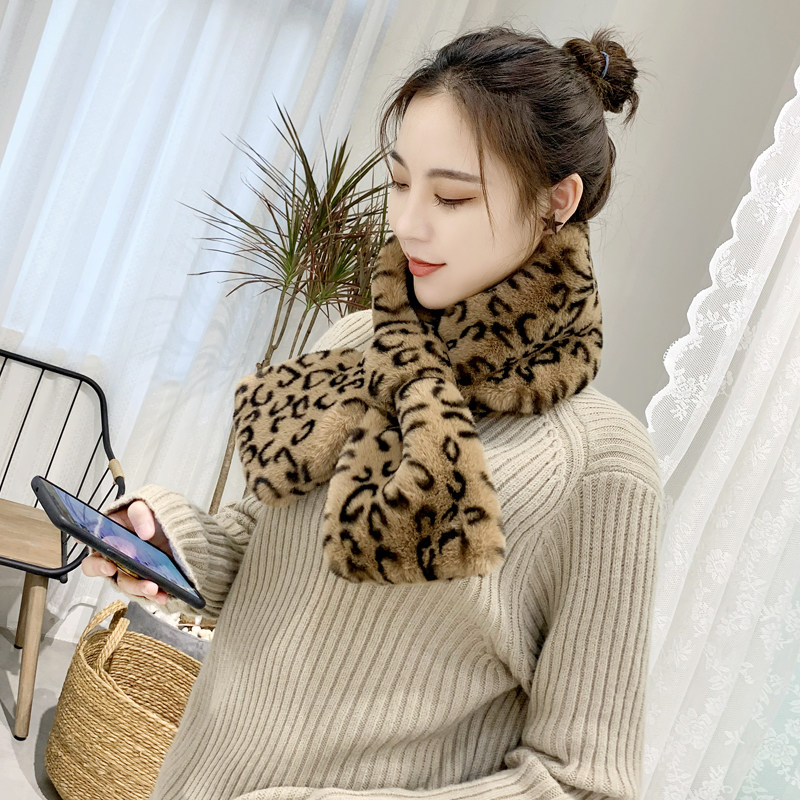 交叉围脖网红女韩版百搭豹纹毛毛领子时尚加厚冬季脖套仿皮草围巾,淘宝优惠券,粉丝福利购,淘宝优惠卷