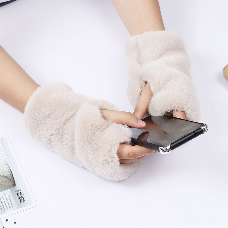 半指手套仿皮草兔毛韩版学生冬季保暖可爱毛绒加厚长袖口露指手套,淘宝优惠券,粉丝福利购,淘宝优惠卷