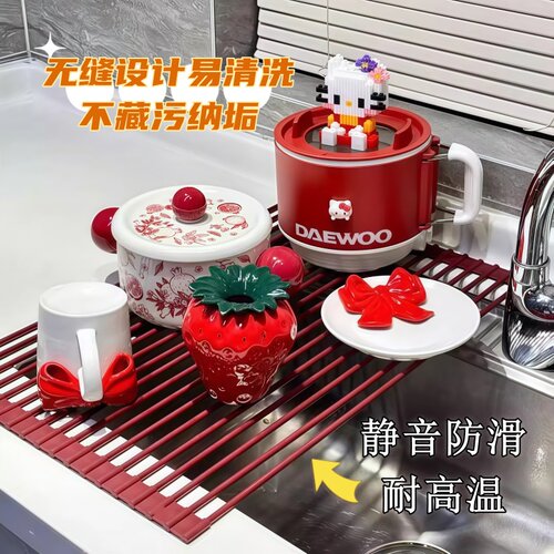 厨房洗碗池碗碟抹布沥水架可折叠硅胶水槽置物架多功能碗筷收纳架 - 图2