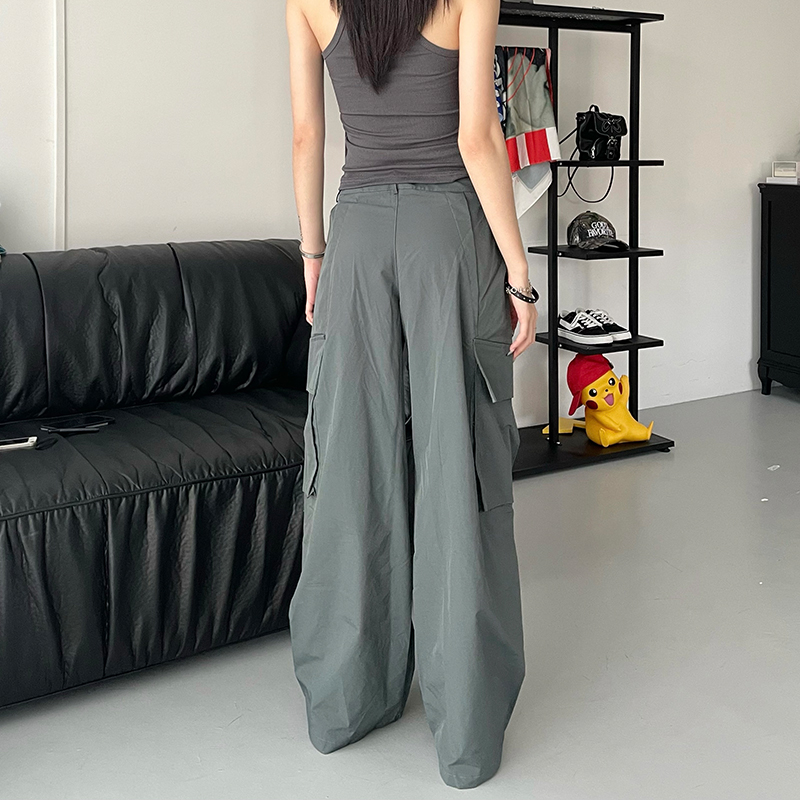E7Q8 灰绿色美式甜酷高腰直筒工装裤女2023设计感显瘦薄款休闲裤 - 图3
