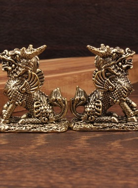 纯黄铜招财公母一对麒麟摆件