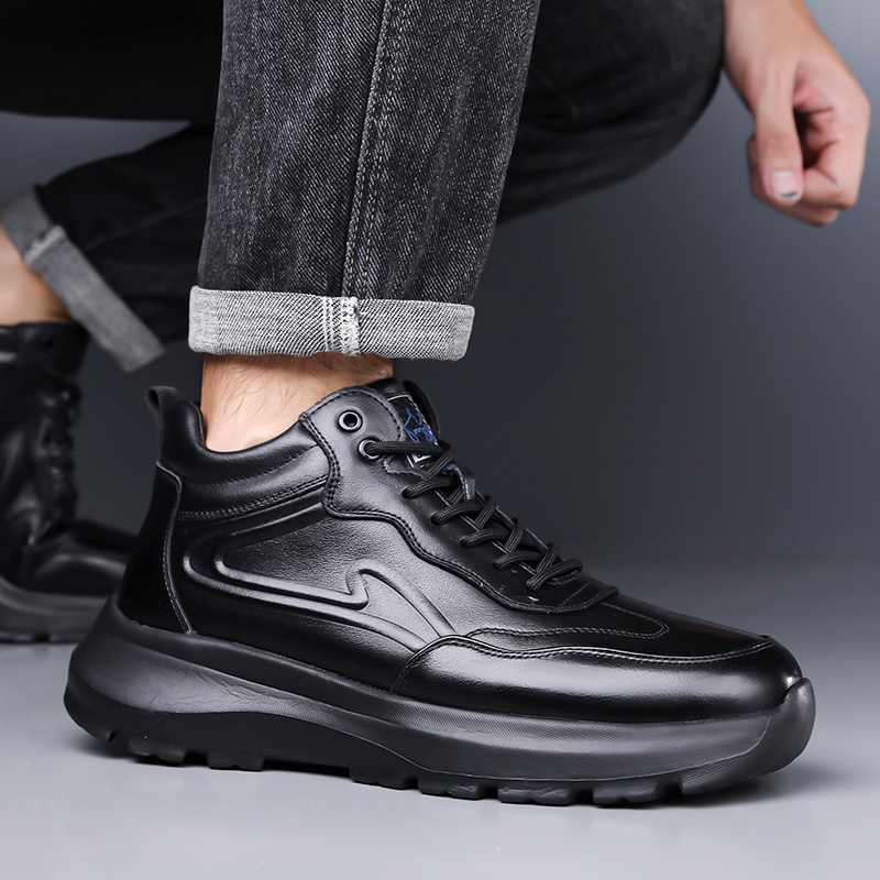 棉鞋男士冬季新款高帮户外休闲皮鞋男黑色厚底百搭加绒保暖雪地靴 - 图0