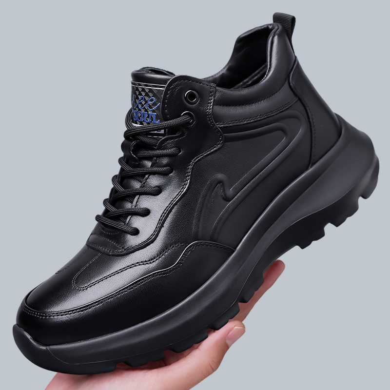 棉鞋男士冬季新款高帮户外休闲皮鞋男黑色厚底百搭加绒保暖雪地靴 - 图1