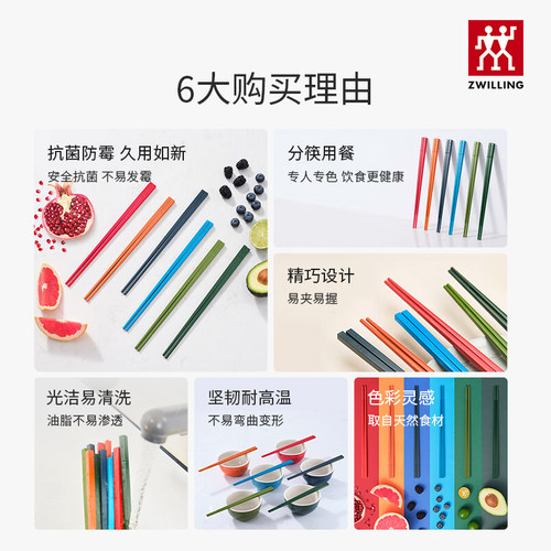德国厨房家用筷子 中式餐具套装彩色防滑防霉合金NOW6双装 - 图0