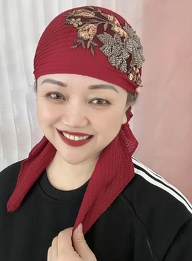 女秋冬遮白发保暖飘带帽子包头帽针织发财树叶花朵骑车防风保暖帽