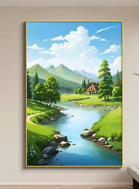 流水生财入户进门装饰画客厅背景墙挂画玄关走道餐厅山水风景壁画