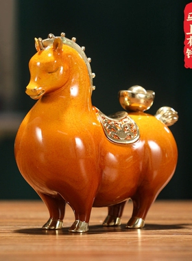 马上有钱黄铜马摆件桌面装饰