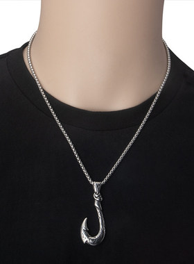 钛钢鱼钩吊坠男项链不锈钢