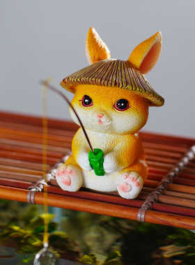 小兔子钓鱼鱼缸造景摆件