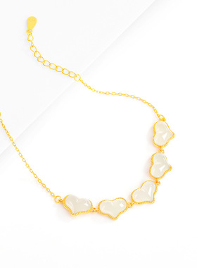 天然和田白玉爱心屁桃S925银手链