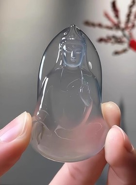 蓝水玻璃种翡翠平替天空蓝素衣观音玉石独龙玉冰种守护神吊坠挂件