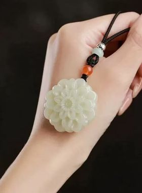 和田色青白玉玫瑰花吊坠花玉佩花开富贵挂件毛衣链百搭