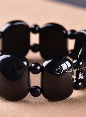 天然巴西货飘花黑色玛瑙手链霸气