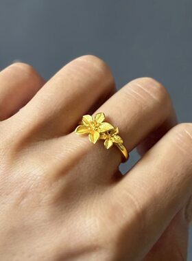 金店同款錾刻沙金拉丝丁香花戒指幸福花烟草指环可调节送女友礼物