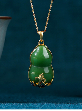 2024复古风项链女中国风古法镀金福禄葫芦仿玉石吊坠旗袍汉服搭配