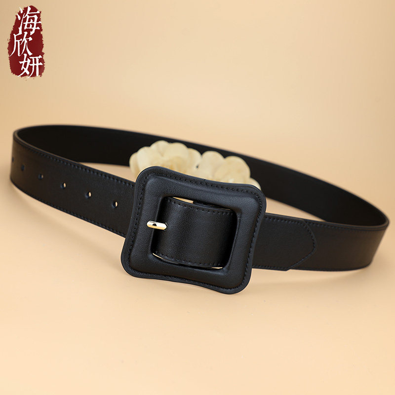 女士真皮头层纯牛皮腰封黑色宽腰带装饰配裙子大衣毛衣羽绒服皮带