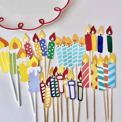 纸卡蜡烛蛋糕装饰插牌彩色马卡龙卡通创意生日蜡烛火苗甜品台插件 - 图3