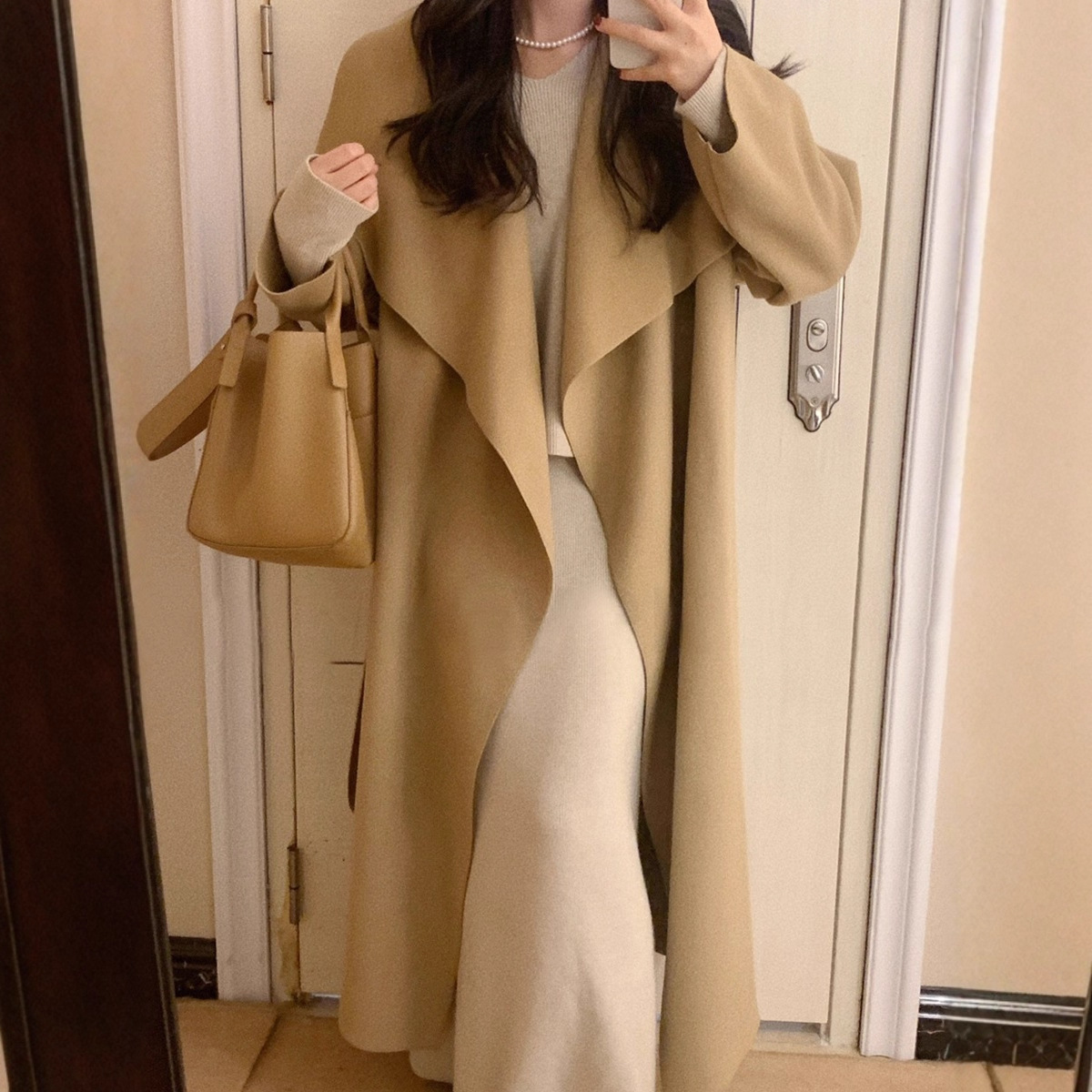 赫本双面羊绒高级感大衣女外套2025反季新款驼色斗篷毛呢长款开衫 - 图0