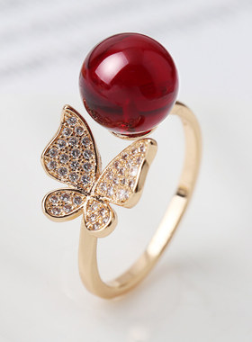 琥珀戒指活口鸡油金色民族配饰