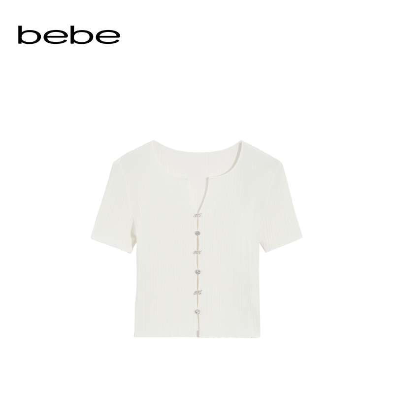 bebe2024夏季新款女士薄款钻扣短款V领针织上衣230401 - 图3