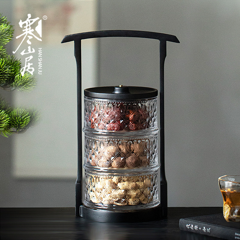 寒山居中式玻璃实木提梁果盒家用防潮防虫茶点零食贡品糕点收纳盒,淘宝优惠券,粉丝福利购,淘宝优惠卷