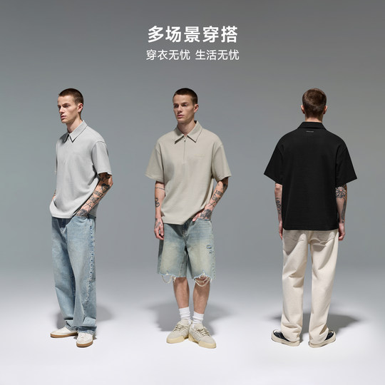 CHINISM赤尘 半拉链短袖polo衫男夏季宽松T恤男士翻领半袖上衣