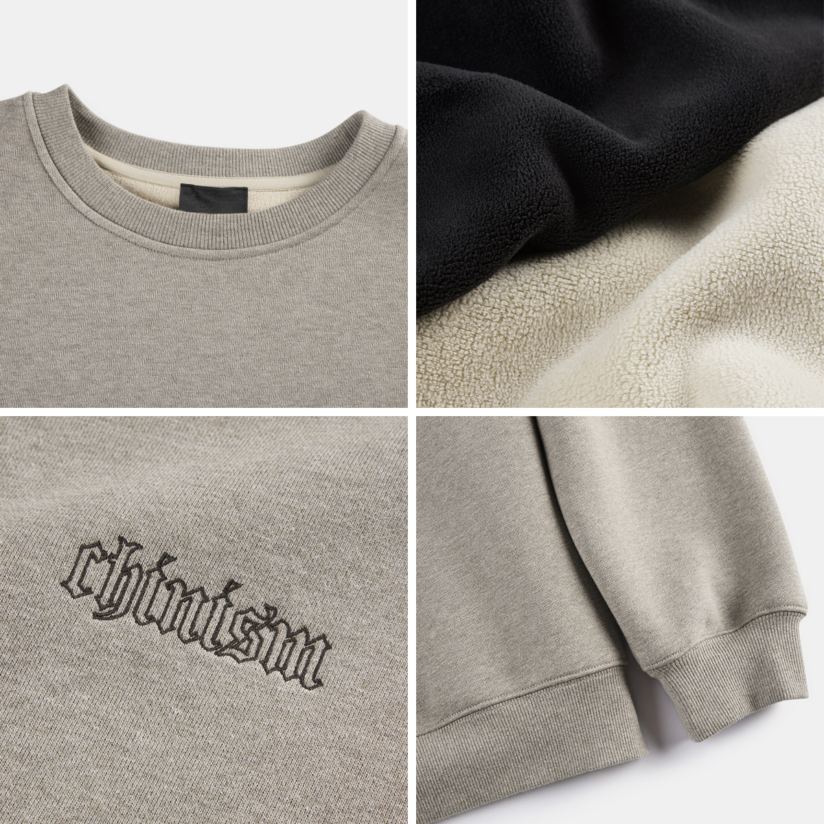 CHINISM赤尘 加绒卫衣男新款羊羔毛外套男士灰色圆领加厚无帽上衣 - 图3